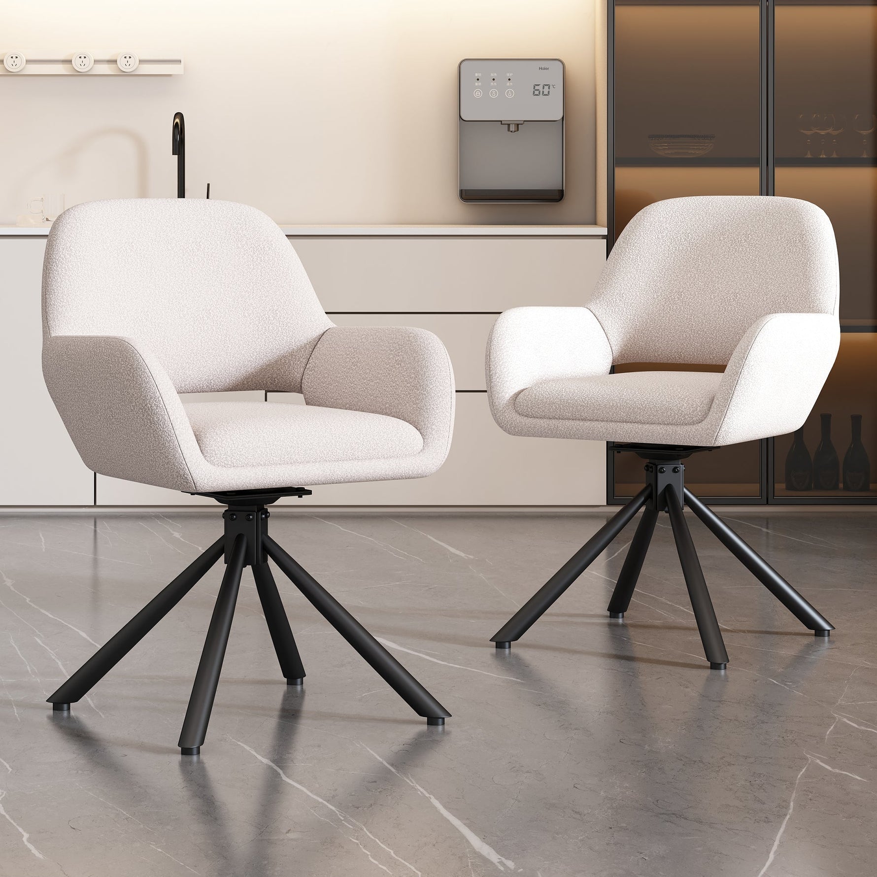Swivel Dining Chair Set of 2 Sherpa Armrests - White
