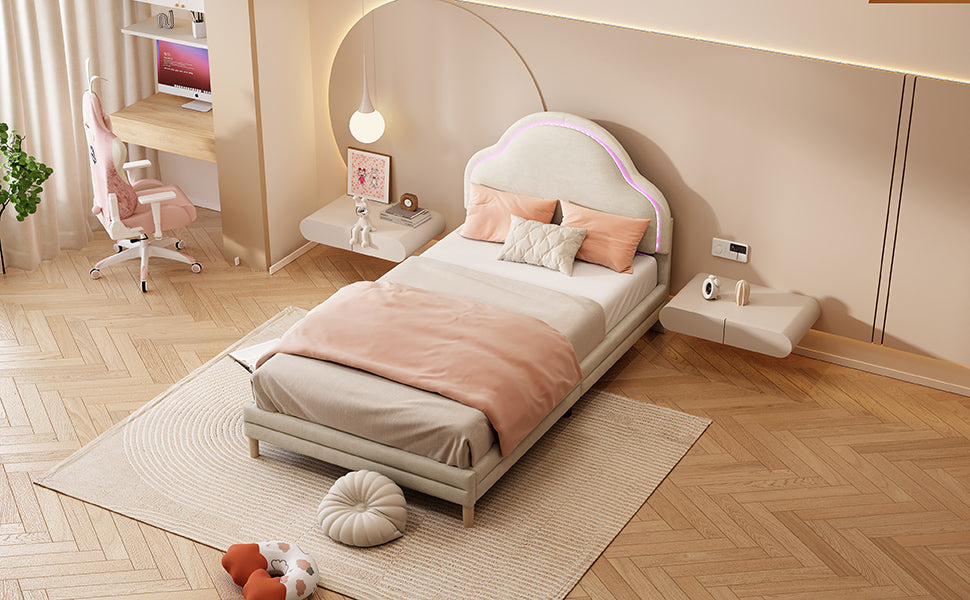 Upholstered Bed 90x200cm LED Cloud Headboard Single, Velvet Beige
