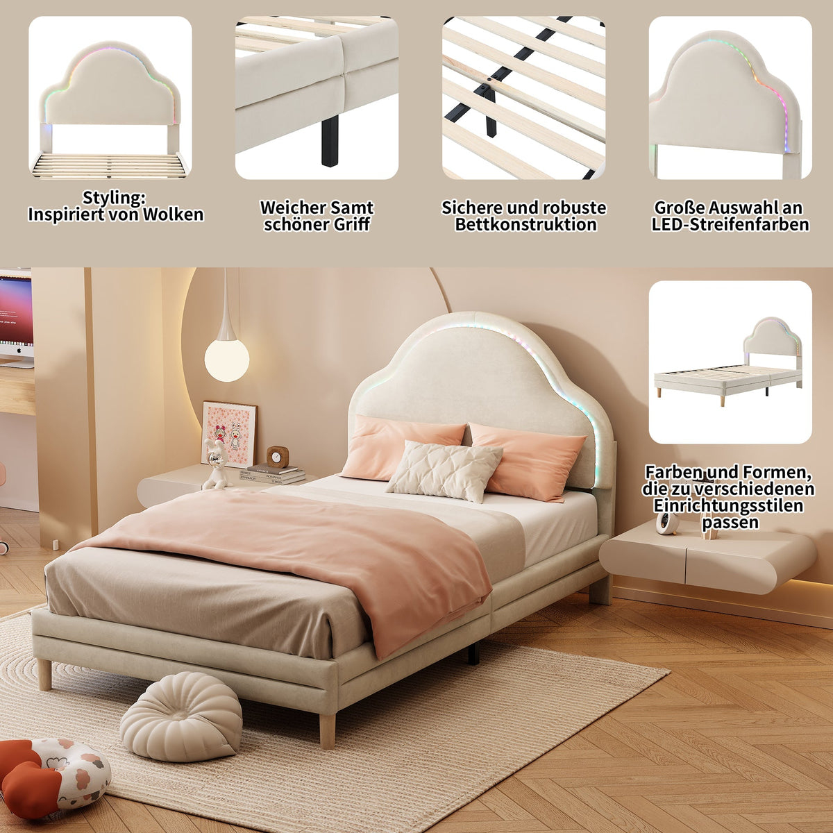 Upholstered Bed 90x200cm LED Cloud Headboard Single, Velvet Beige