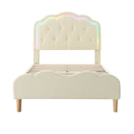 Upholstered bed, wave-shaped headboard, LED strips, wooden slats, white PU, 90x200cm