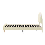 Upholstered bed, wave-shaped headboard, LED strips, wooden slats, white PU, 90x200cm