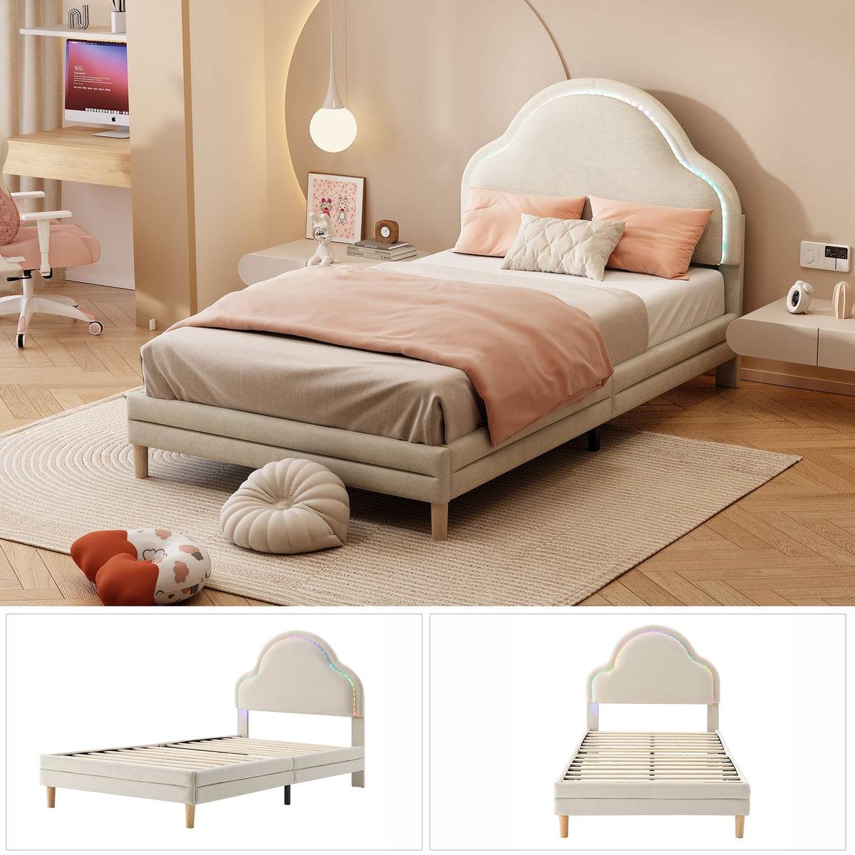 Upholstered Bed 90x200cm LED Cloud Headboard Single, Velvet Beige