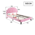 Upholstered Double Bed, 140x200cm Flower Headboard Slatted Frame, Pink Velvet