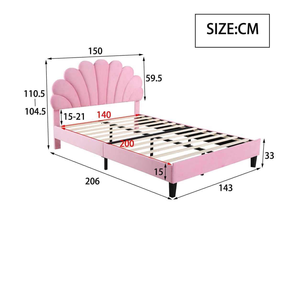 Upholstered Double Bed, 140x200cm Flower Headboard Slatted Frame, Pink Velvet