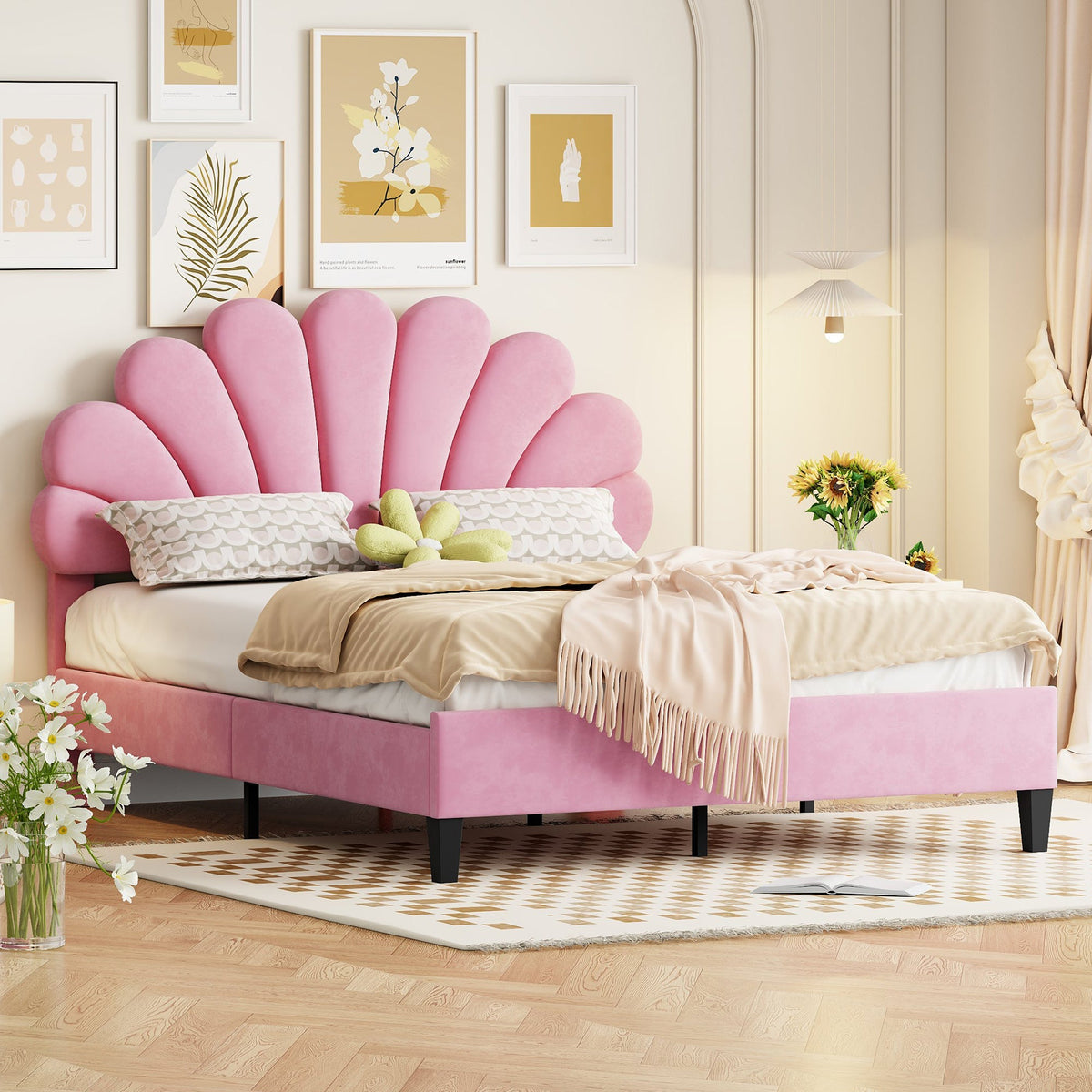 Upholstered Double Bed, 140x200cm Flower Headboard Slatted Frame, Pink Velvet