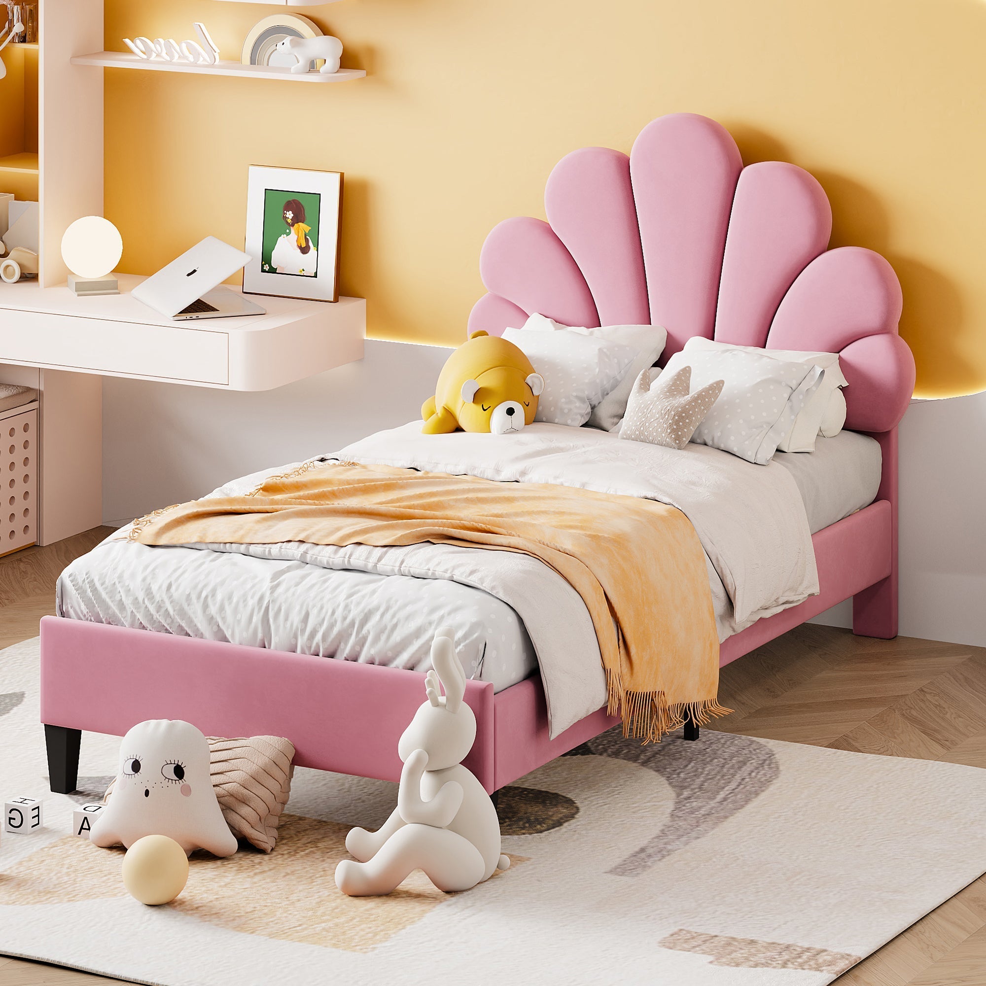 Upholstered Children's Bed 90 x 200 cm, Flower-Shaped Headboard, Pink Velvet