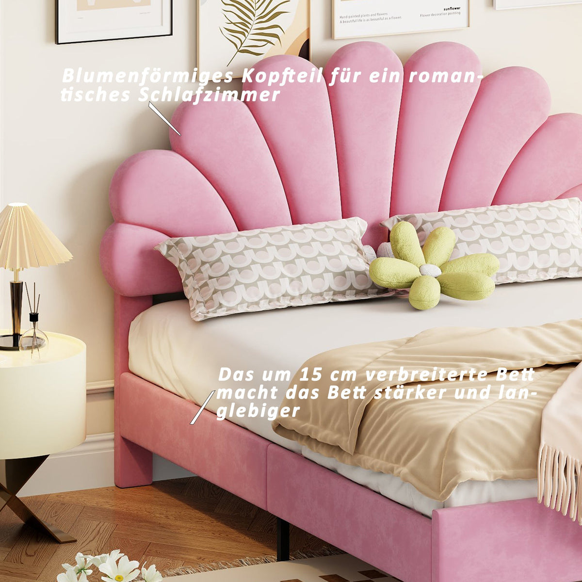 Upholstered Double Bed, 140x200cm Flower Headboard Slatted Frame, Pink Velvet