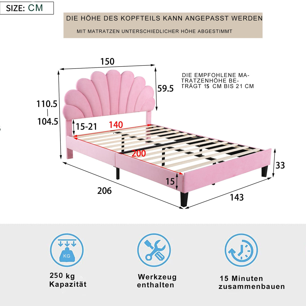 Upholstered Double Bed, 140x200cm Flower Headboard Slatted Frame, Pink Velvet