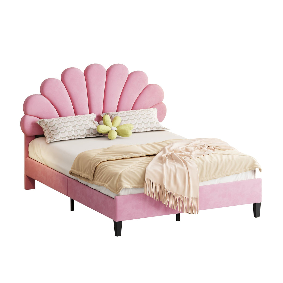 Upholstered Double Bed, 140x200cm Flower Headboard Slatted Frame, Pink Velvet