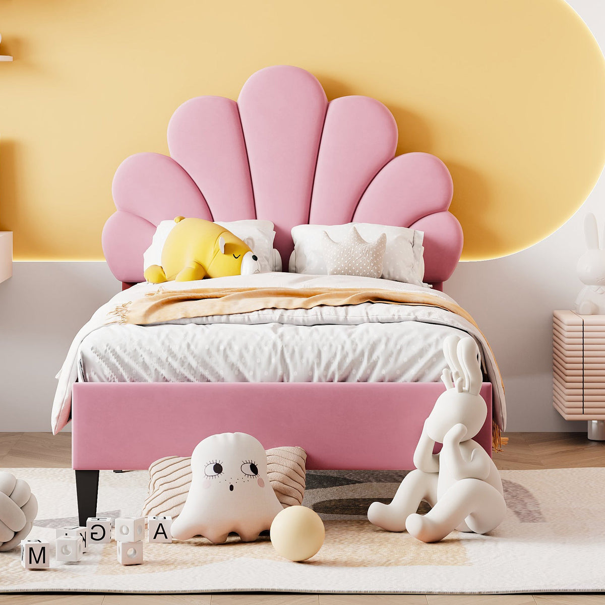 Upholstered Children's Bed 90 x 200 cm, Flower-Shaped Headboard, Pink Velvet
