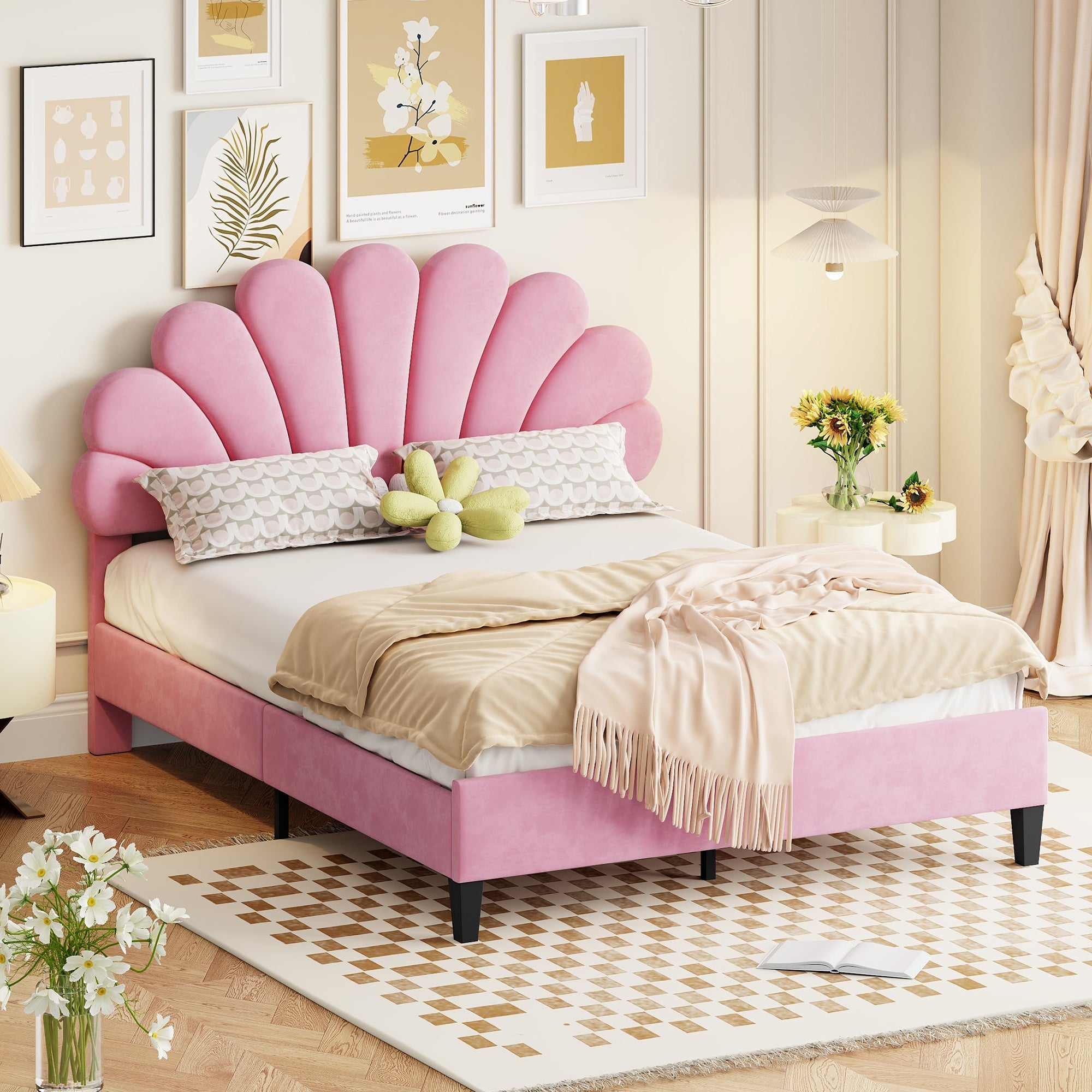 Upholstered Double Bed, 140x200cm Flower Headboard Slatted Frame, Pink Velvet