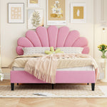 Upholstered Double Bed, 140x200cm Flower Headboard Slatted Frame, Pink Velvet