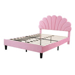 Upholstered Double Bed, 140x200cm Flower Headboard Slatted Frame, Pink Velvet