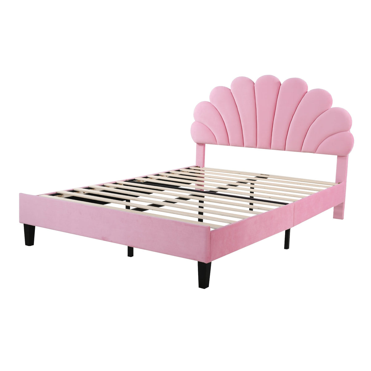 Upholstered Double Bed, 140x200cm Flower Headboard Slatted Frame, Pink Velvet
