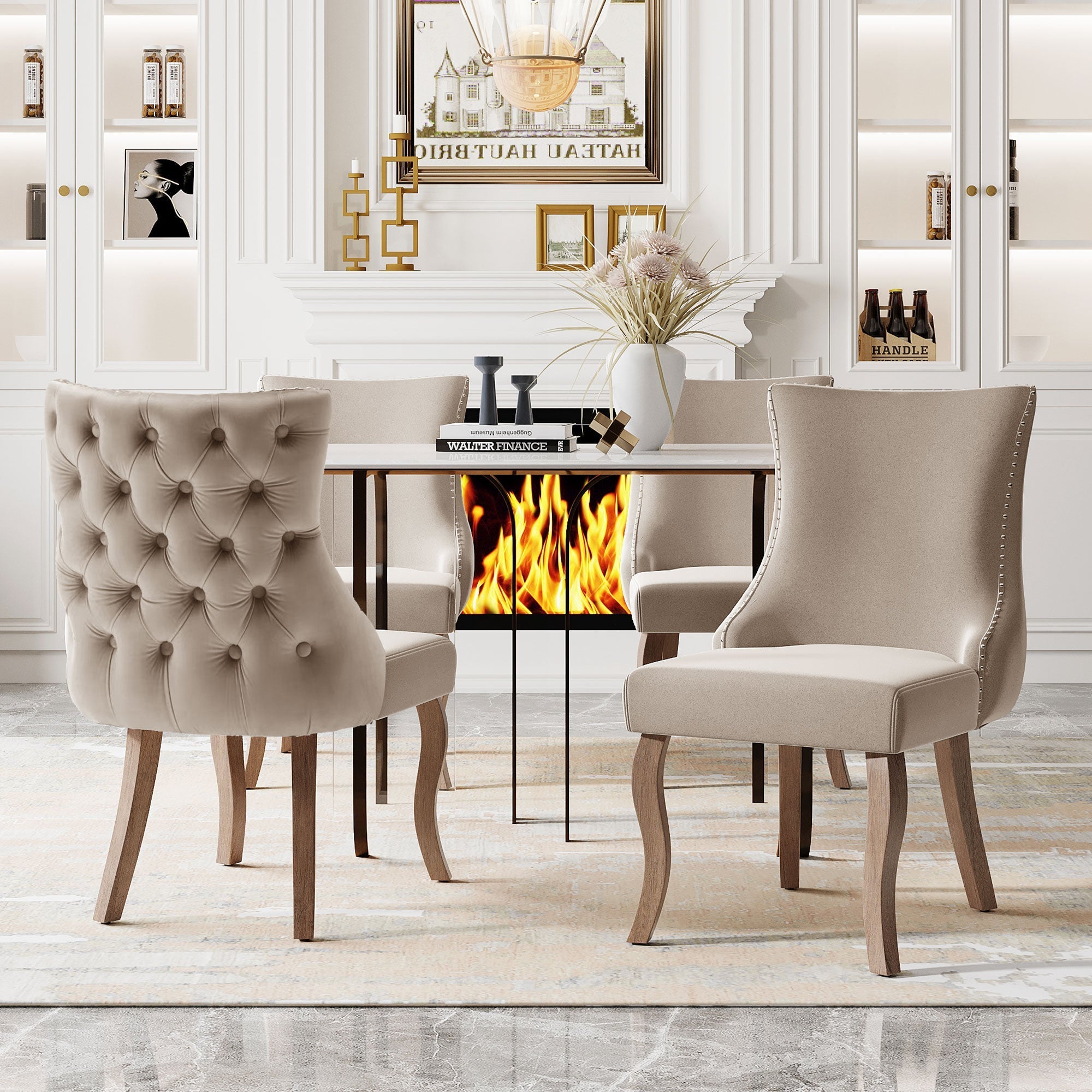 Dining Chair Set of 4 Button Tufting, Nailhead Trim, Curved Solid Wood Legs - Beige Velvet