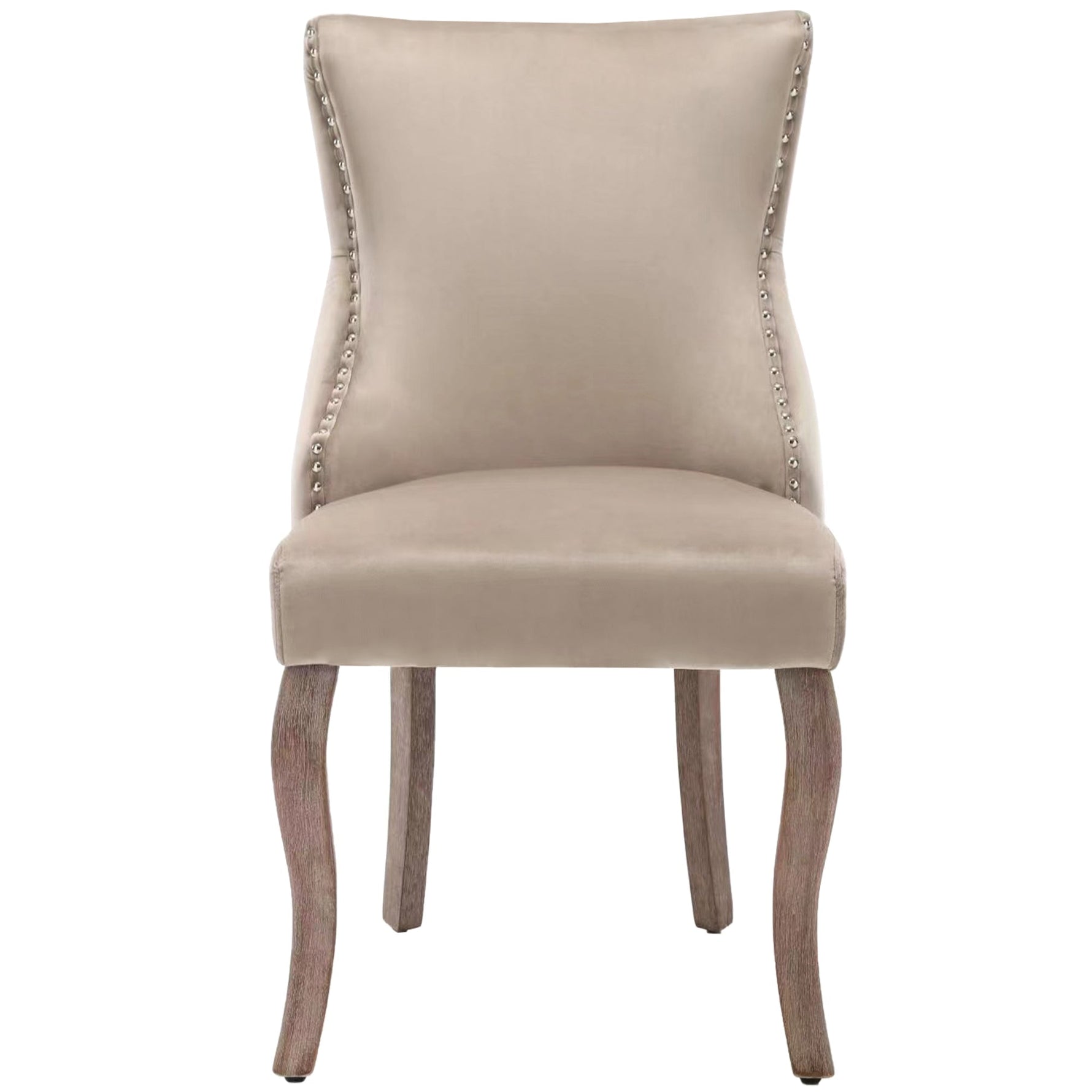 Dining Chair Set of 2 Button Tufted Nailhead Trim Curved Solid Wood Legs, Beige Velvet