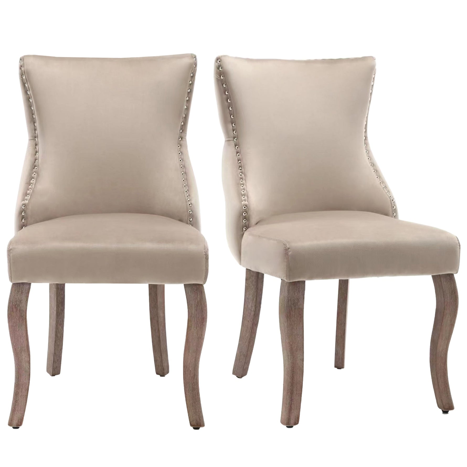 Dining Chair Set of 2 Button Tufted Nailhead Trim Curved Solid Wood Legs, Beige Velvet