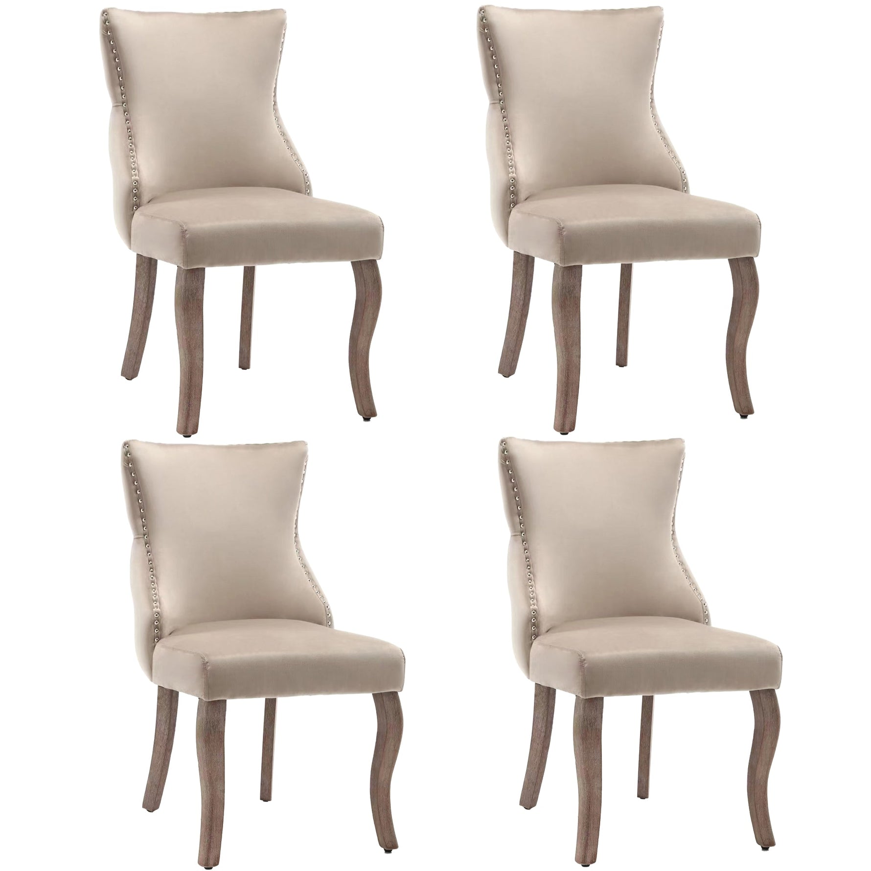 Dining Chair Set of 4 Button Tufting, Nailhead Trim, Curved Solid Wood Legs - Beige Velvet
