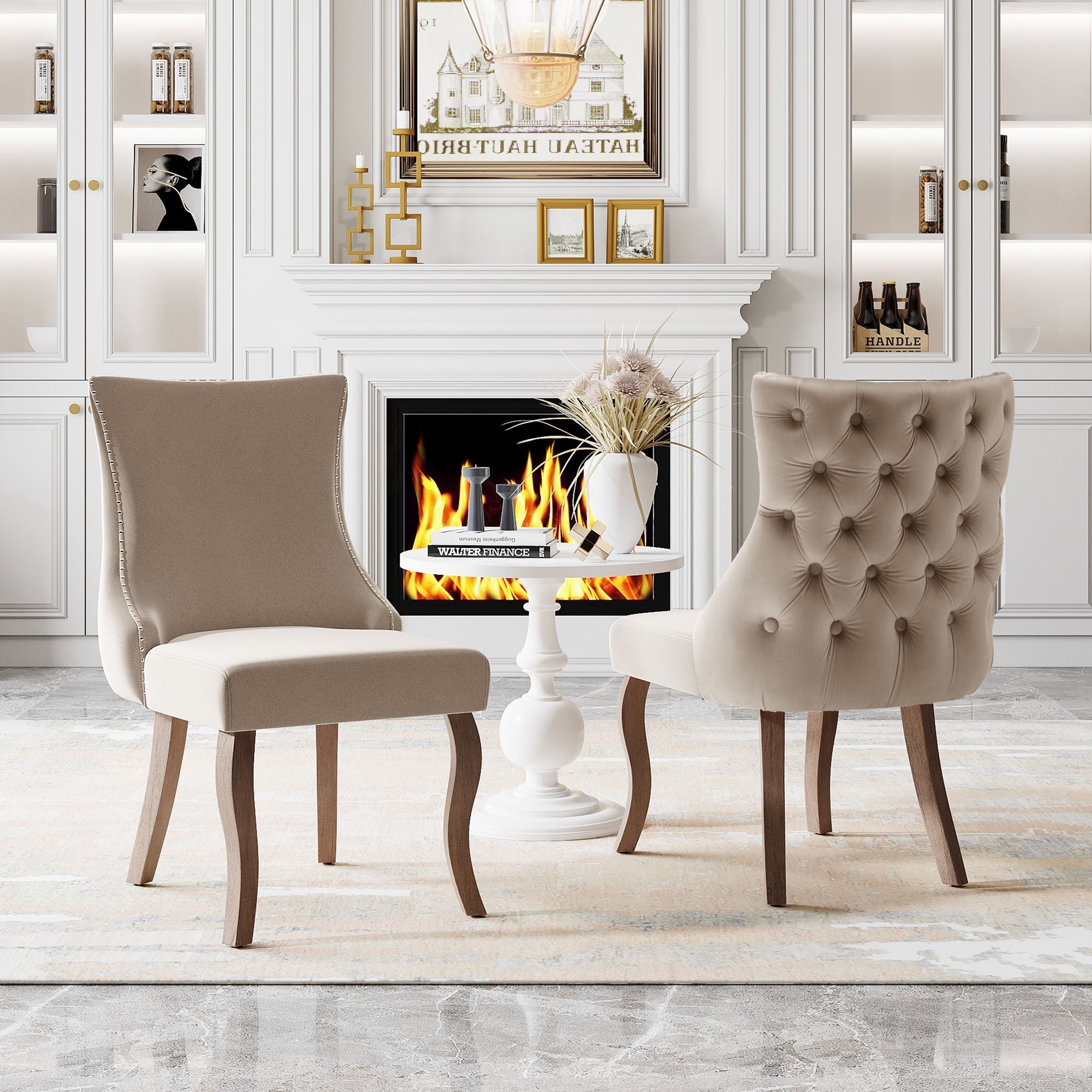 Dining Chair Set of 2 Button Tufted Nailhead Trim Curved Solid Wood Legs, Beige Velvet