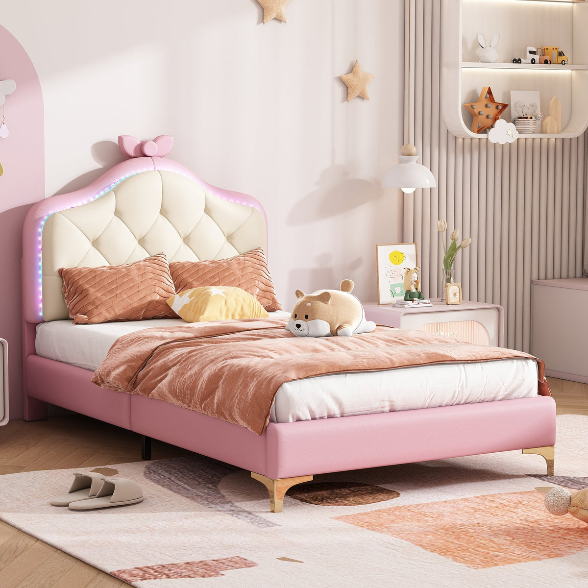 Upholstered Single Bed, Wave Headboard LED Strips 90x200cm, Pink PU