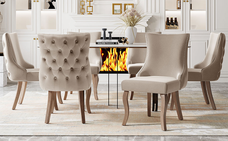 Dining Chair Set of 6 Upholstered Button Tufting Nailhead Trim Curved Solid Wood Legs Beige Velvet