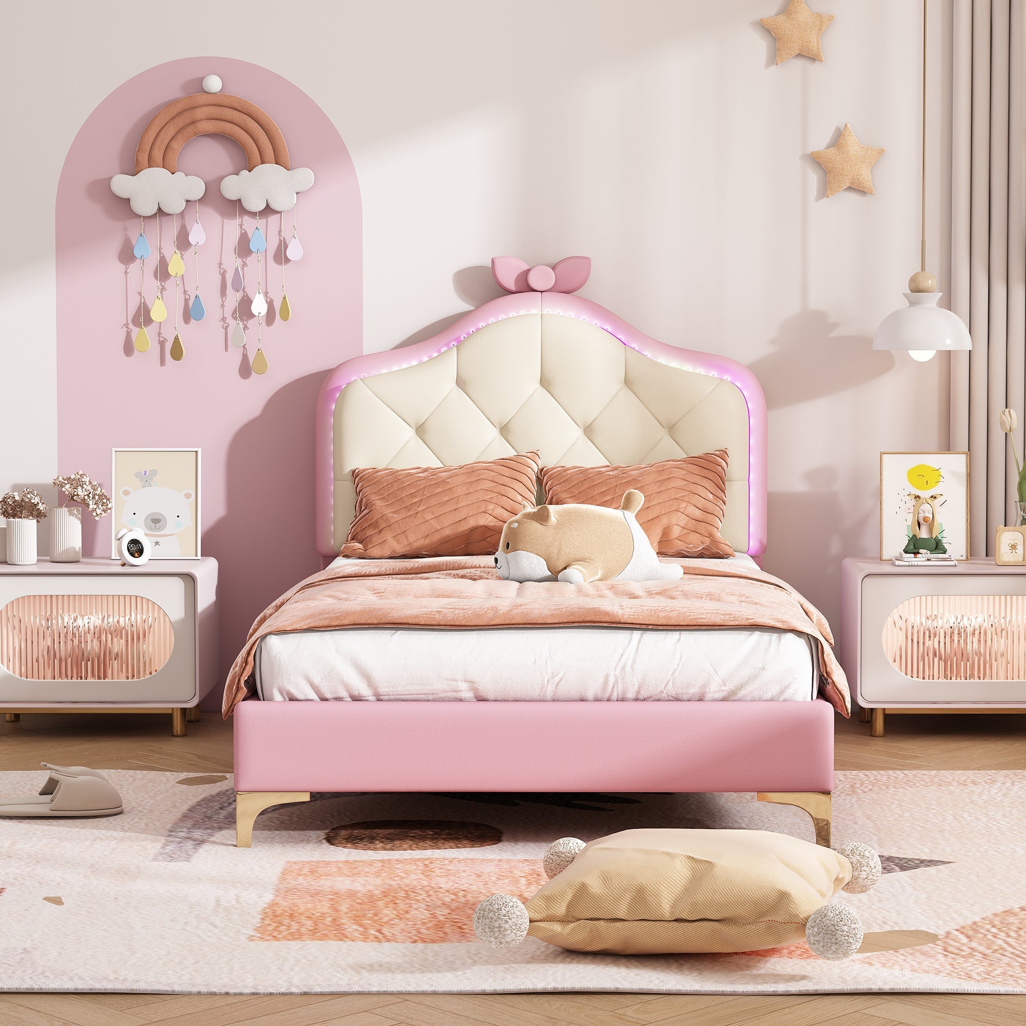 Upholstered Single Bed, Wave Headboard LED Strips 90x200cm, Pink PU