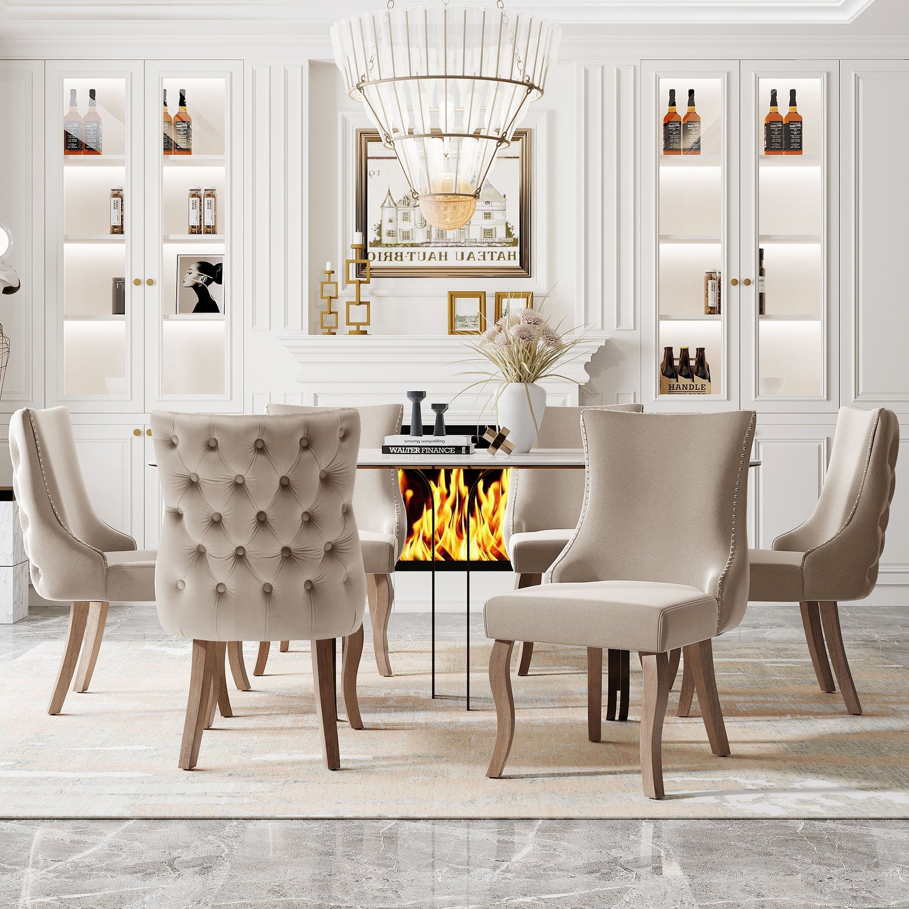 Dining Chair Set of 6 Upholstered Button Tufting Nailhead Trim Curved Solid Wood Legs Beige Velvet
