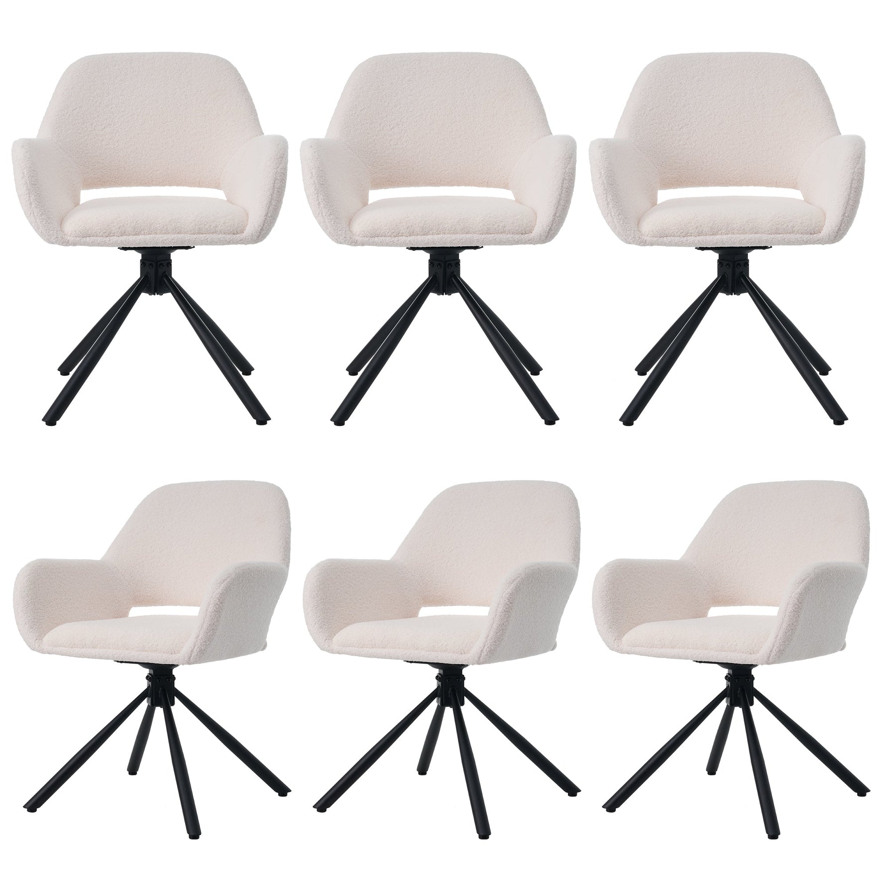 Dining Chairs, Set of 6 with Swivel and Handrails, White Sherpa Fabric
