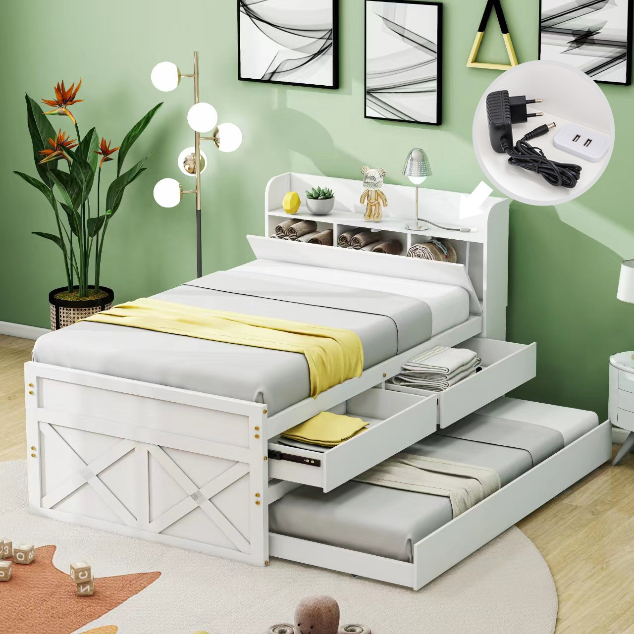 Single Bed, 90x190 Multifunctional with Drawer & USB Bedside Table, White Pine