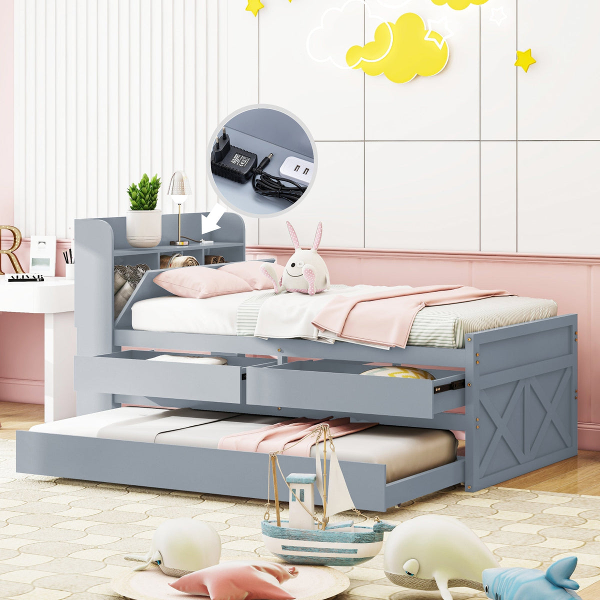 Single Bed, 90x190 Multifunctional with Drawer & USB, Gray Pine