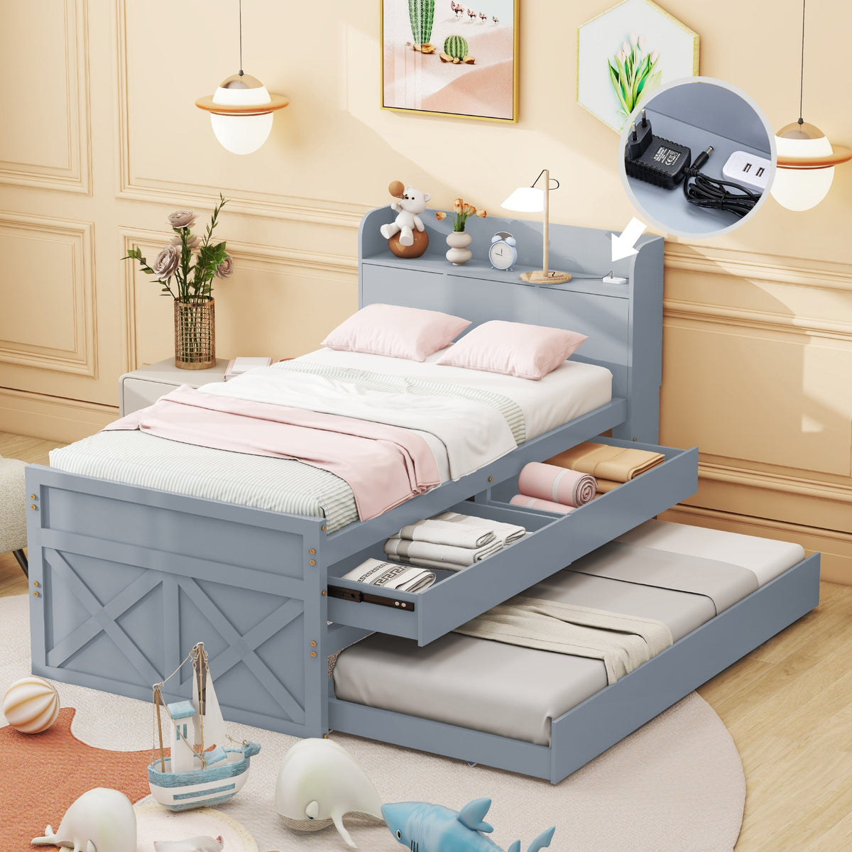 Single Bed, 90x190 Multifunctional with Drawer & USB, Gray Pine