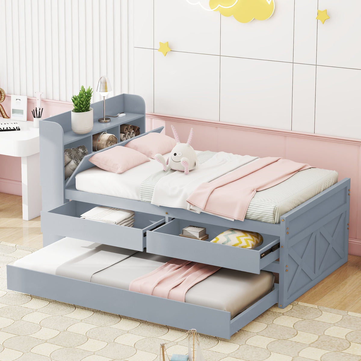 Single Bed, 90x190 Multifunctional with Drawer & USB, Gray Pine