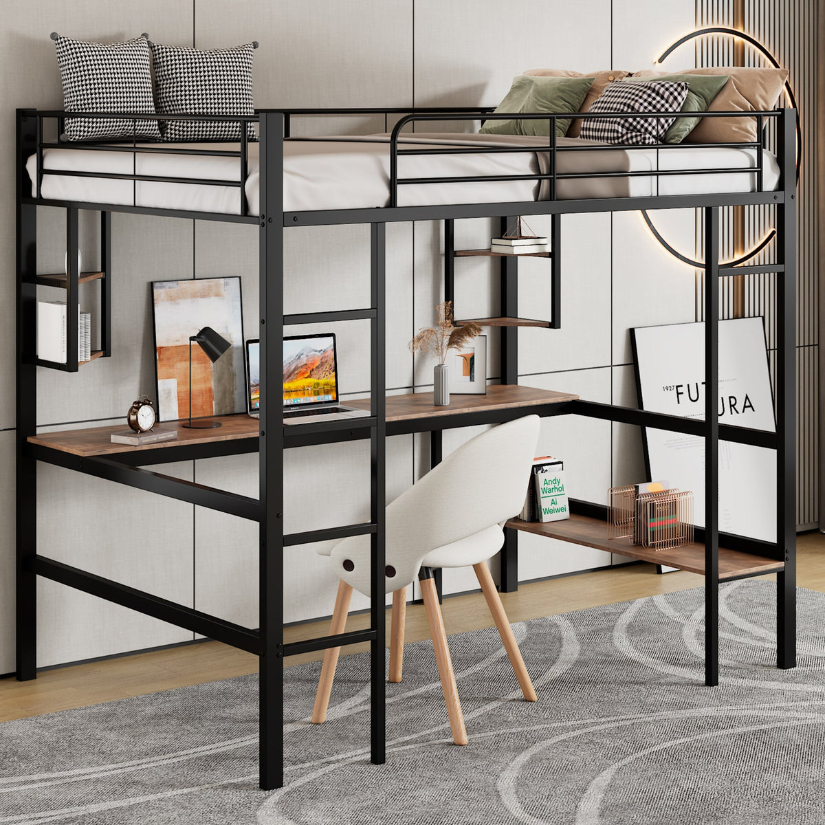 Loft Bed 90x200cm Metal Frame Desk & Bookcase - Black