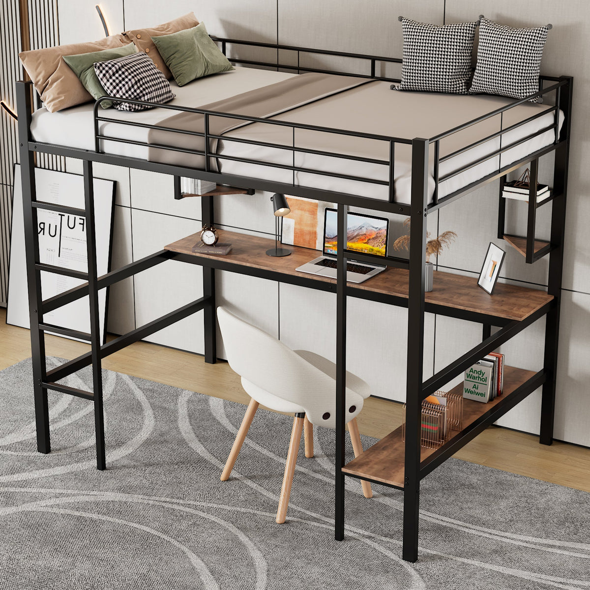 Loft Bed 90x200cm Metal Frame Desk & Bookcase - Black
