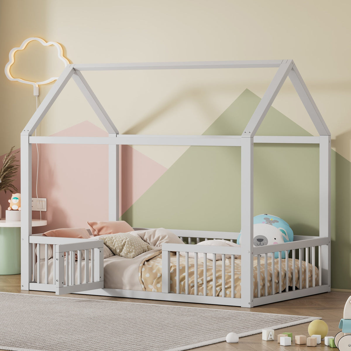 House Bed 90x200cm with Door Solid Wood - White
