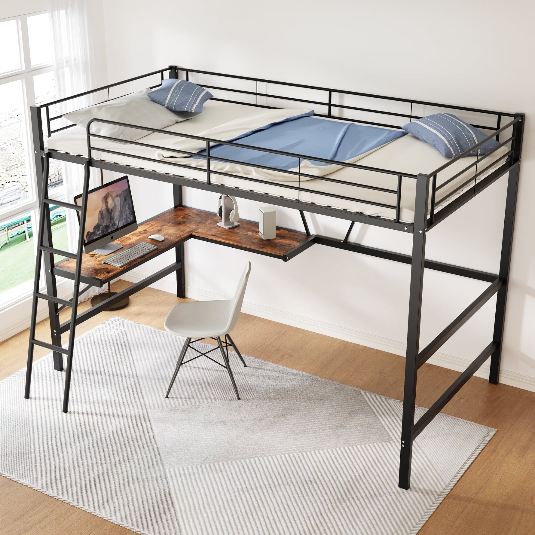 Loft Bed 90x200cm with L-shaped Desk and Shelf Metal Black