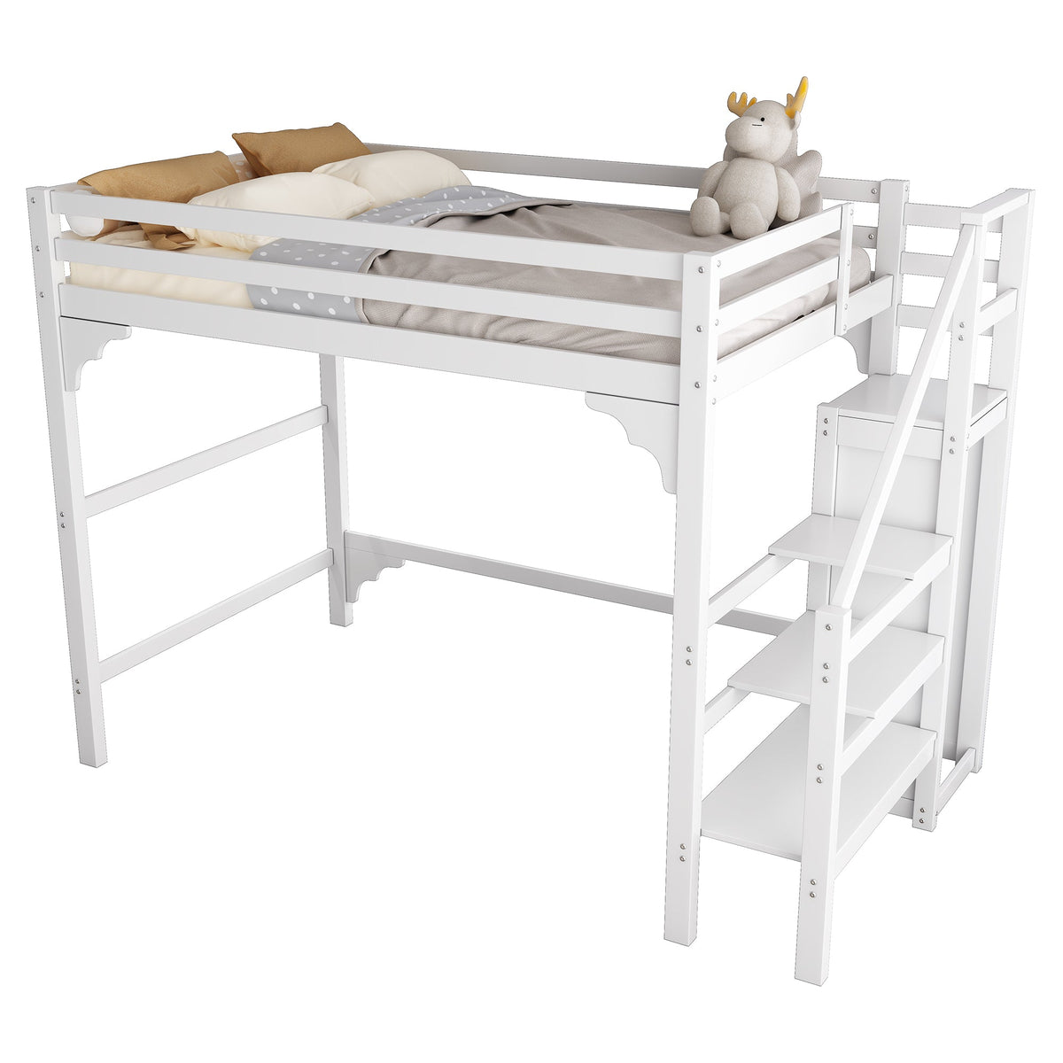 Loft Bed 140x200cm Steps Wardrobe Storage - White