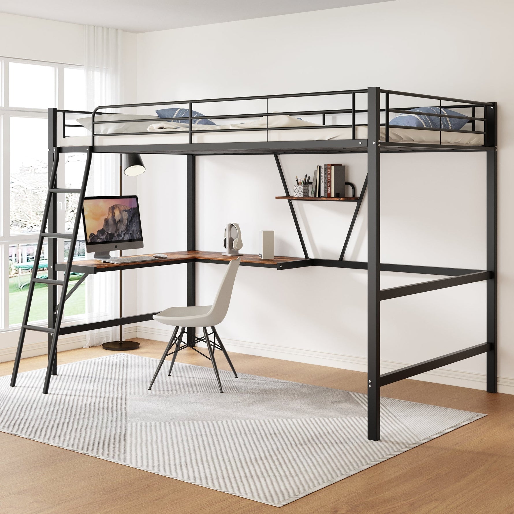 Loft Bed 90x200cm with L-shaped Desk and Shelf Metal Black