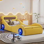 Car-Shaped Upholstered Bed with Light-Up Wheels and Storage, 90x200cm, Yellow PU