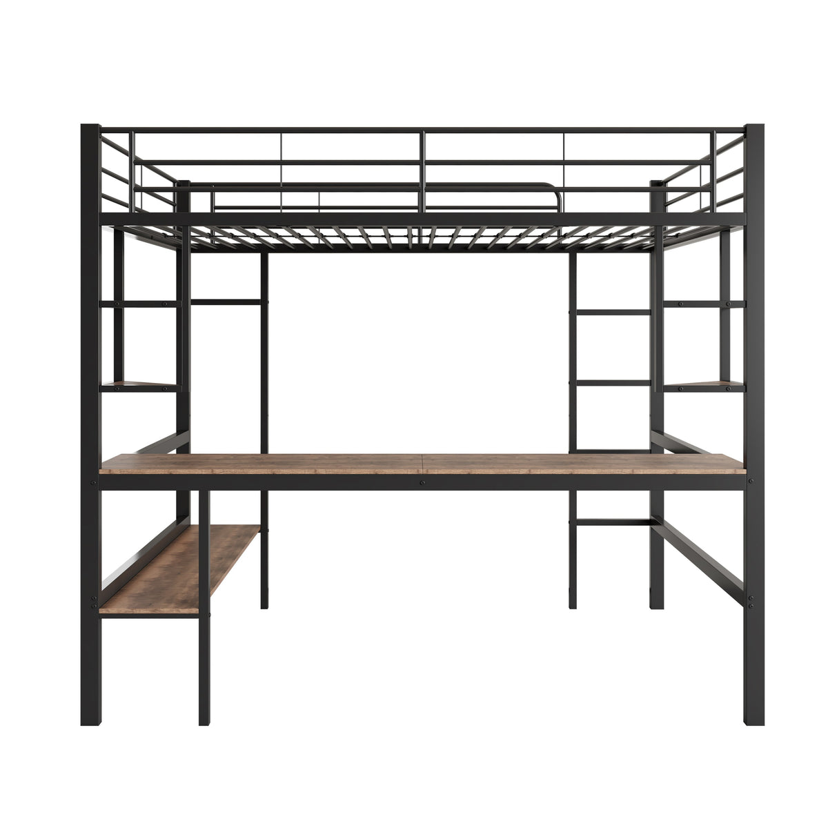 Loft Bed 90x200cm Metal Frame Desk & Bookcase - Black