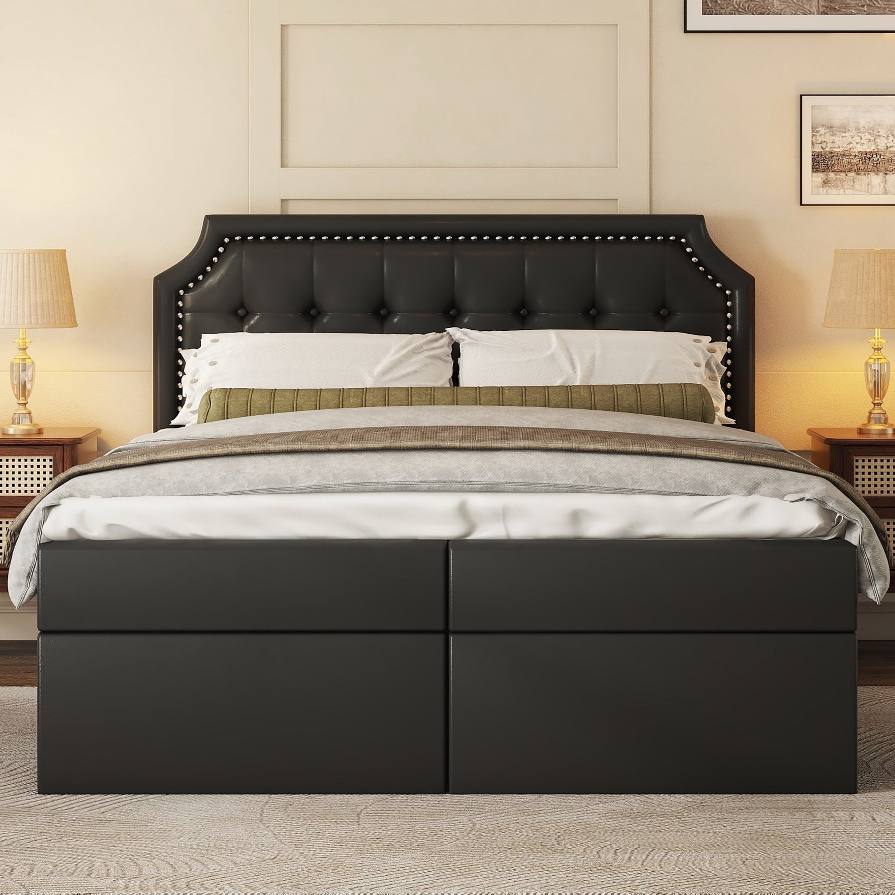 Upholstered Double Bed, 140x200cm Storage Slatted Base, Black