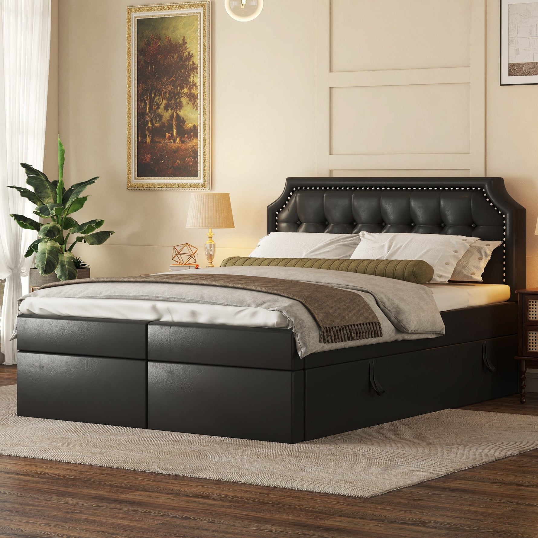 Upholstered Double Bed, 140x200cm Storage Slatted Base, Black