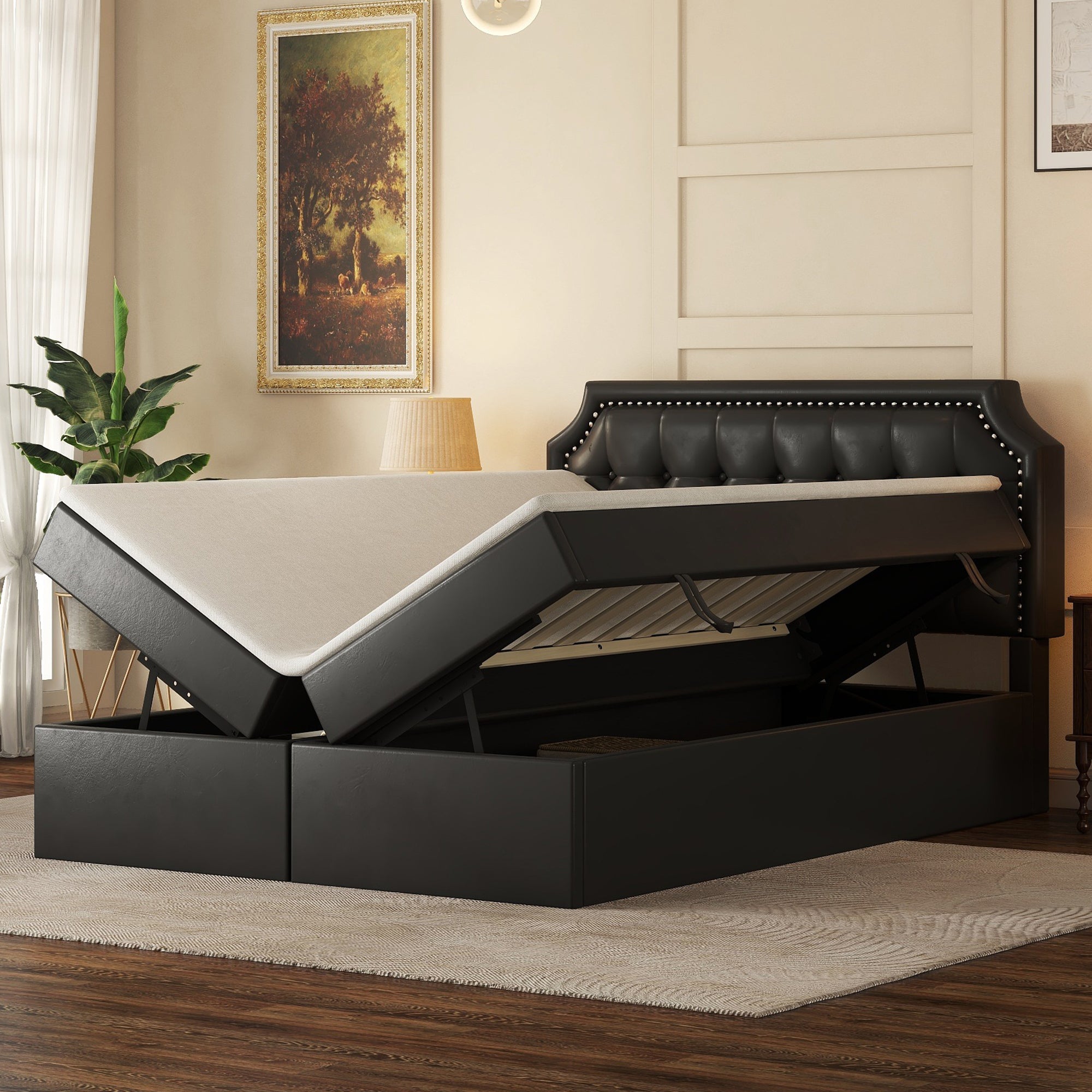 Upholstered Double Bed, 140x200cm Storage Slatted Base, Black