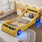 Car-Shaped Upholstered Bed with Light-Up Wheels and Storage, 90x200cm, Yellow PU