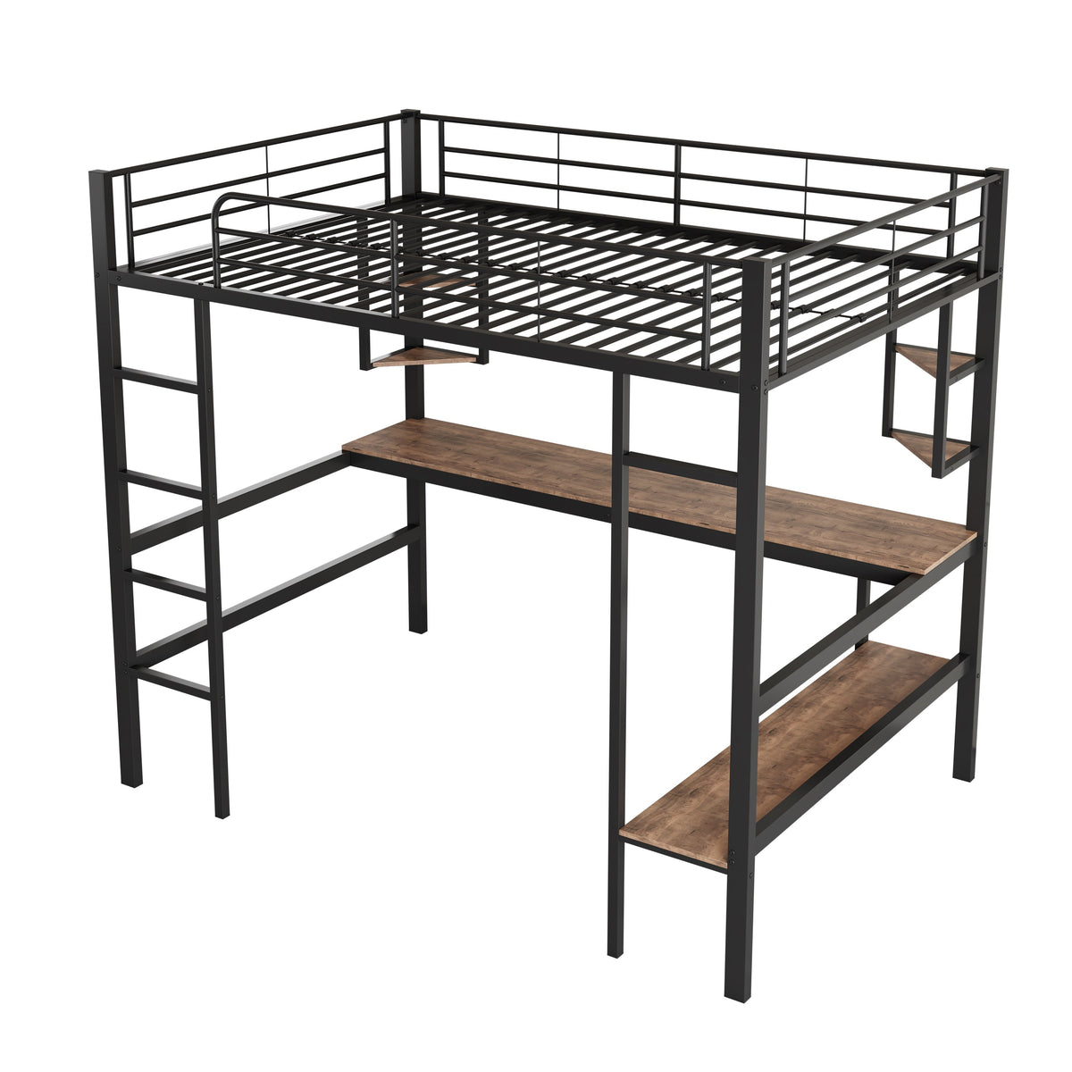 Loft Bed 90x200cm Metal Frame Desk & Bookcase - Black