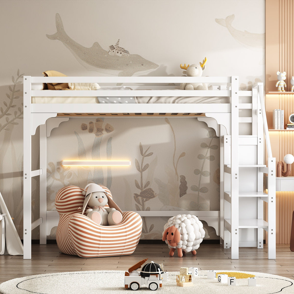 Loft Bed 140x200cm Steps Wardrobe Storage - White