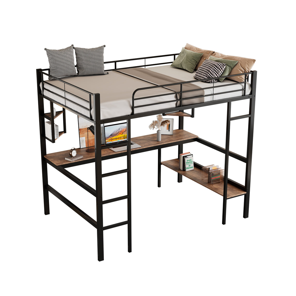 Loft Bed 90x200cm Metal Frame Desk & Bookcase - Black