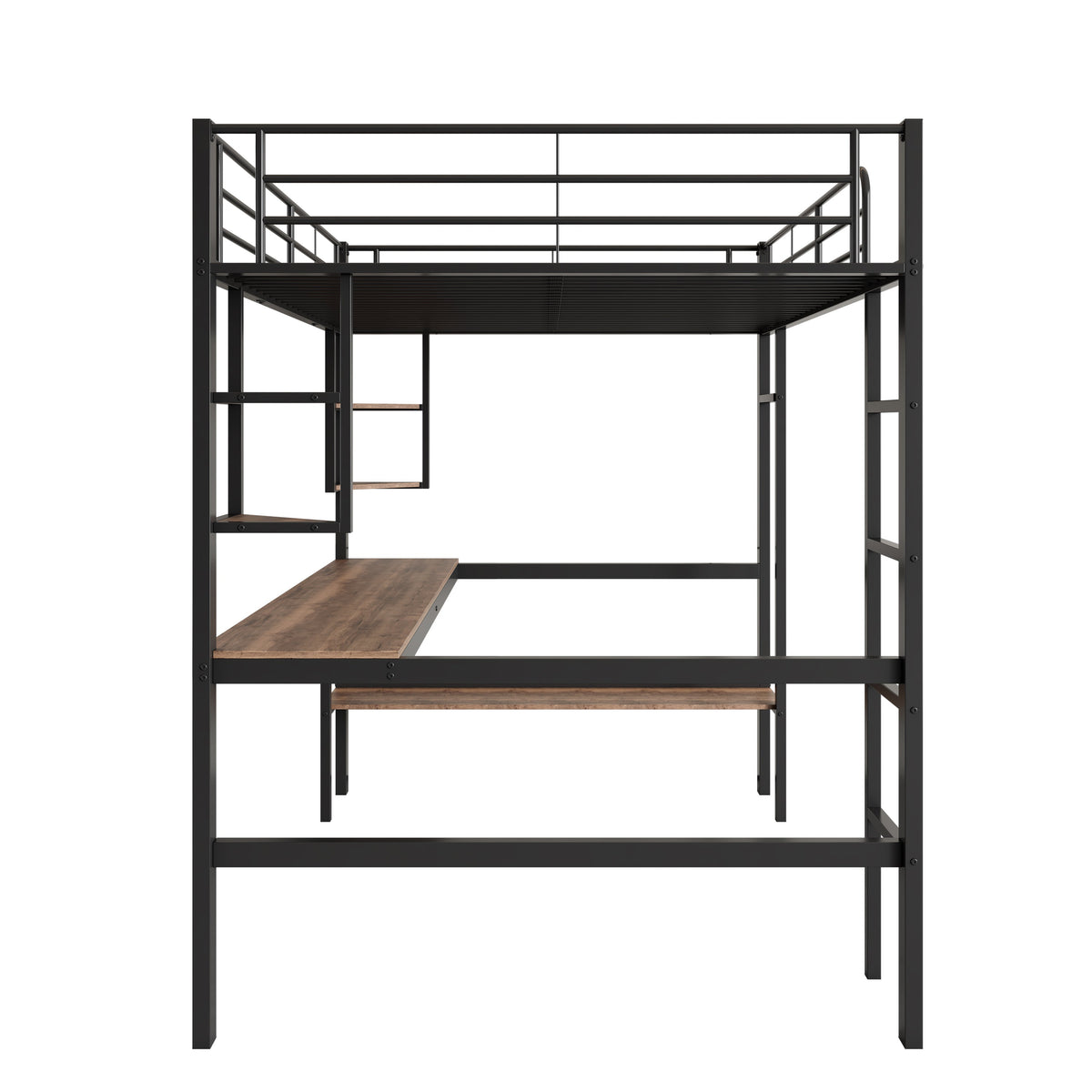 Loft Bed 90x200cm Metal Frame Desk & Bookcase - Black