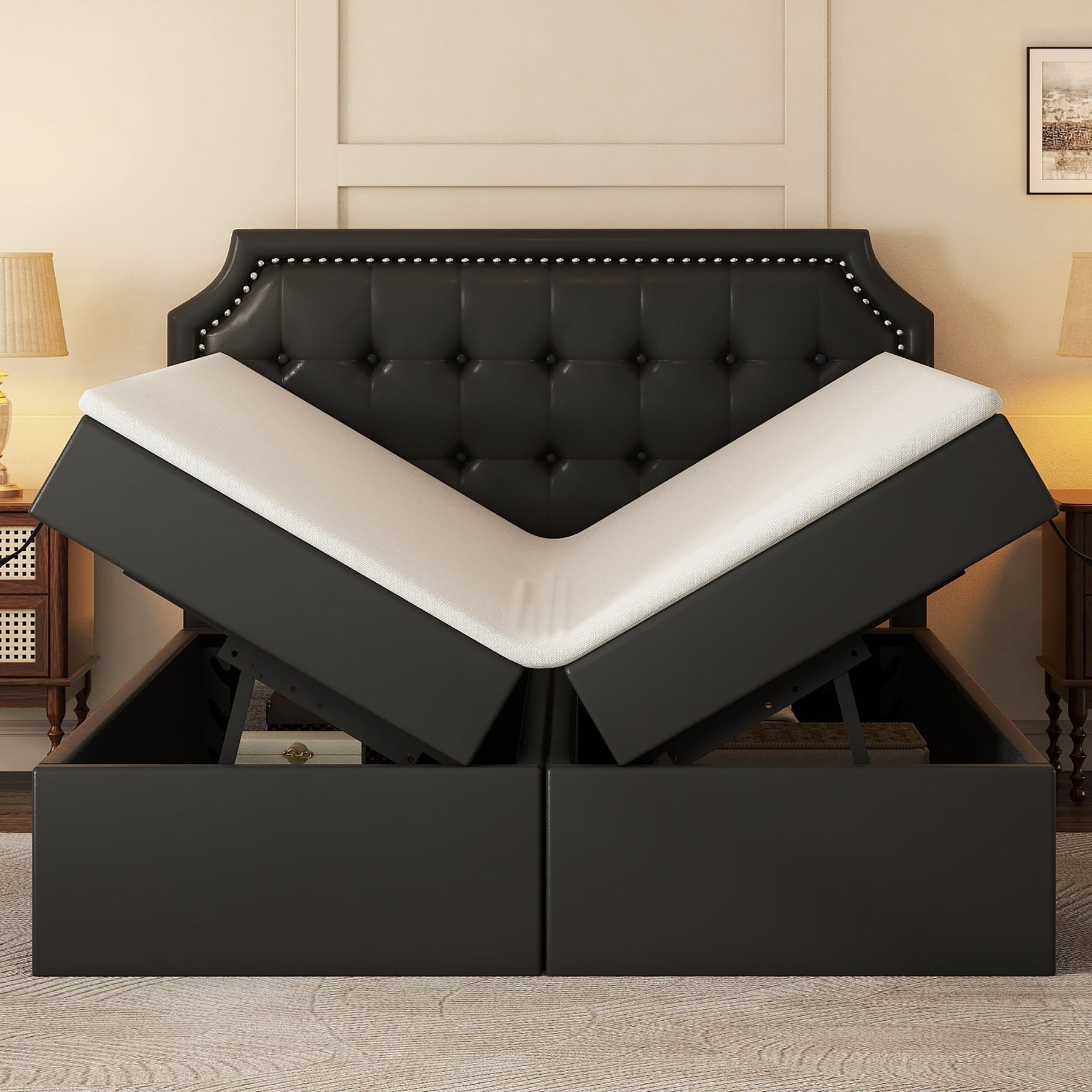Upholstered Double Bed, 140x200cm Storage Slatted Base, Black