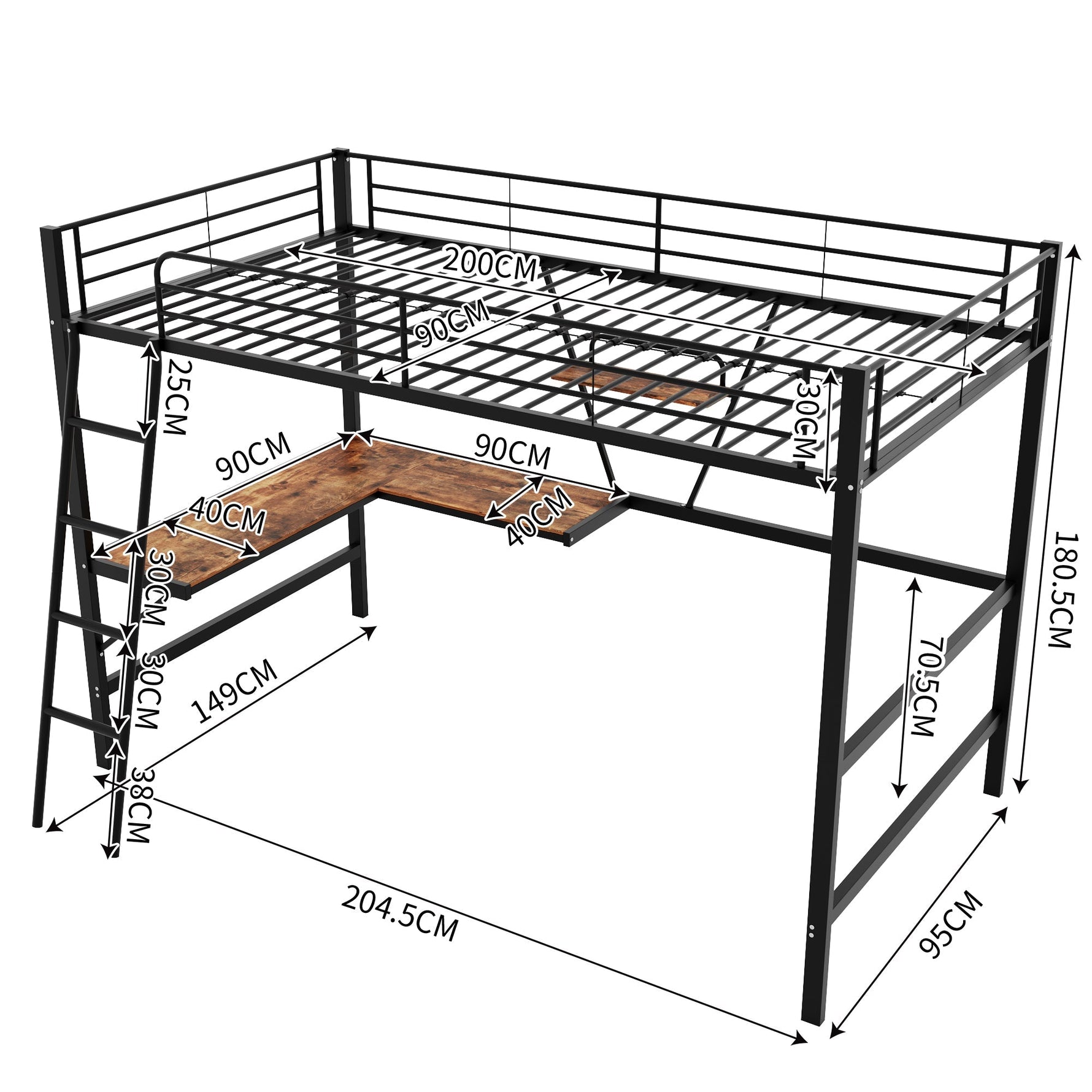 Loft Bed 90x200cm with L-shaped Desk and Shelf Metal Black